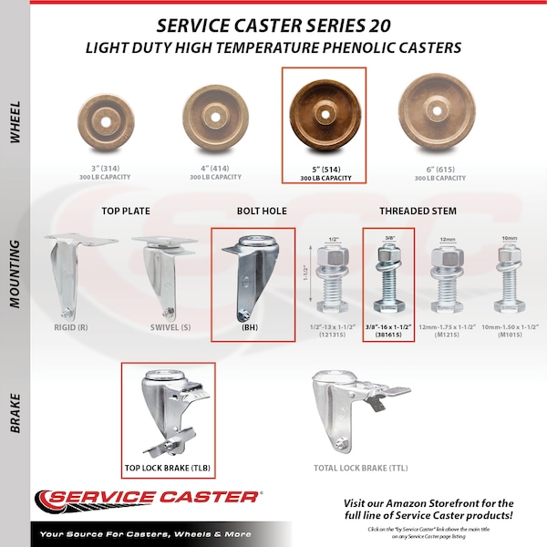 Service Caster 5 Inch High Temp Phenolic Swivel 3/8 Inch Threaded Stem Caster Set with Brake SCC-TS20S514-PHSHT-TLB-381615-4 - main